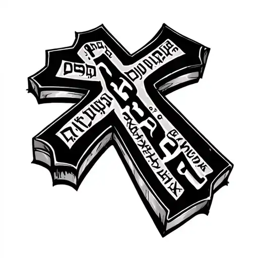 	•	A large, bold black cross at the center.	•	Hebrew words embedded into the shape of the cross or laid over it in clea tattoo design idea