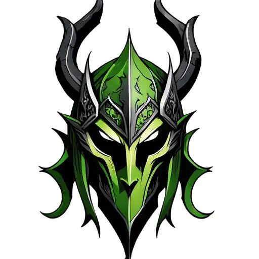 demonic dark Loki helmet tattoo green tattoo design idea