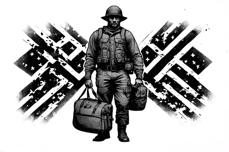 standing at crossroads solider holding duffle bag tattoo design idea