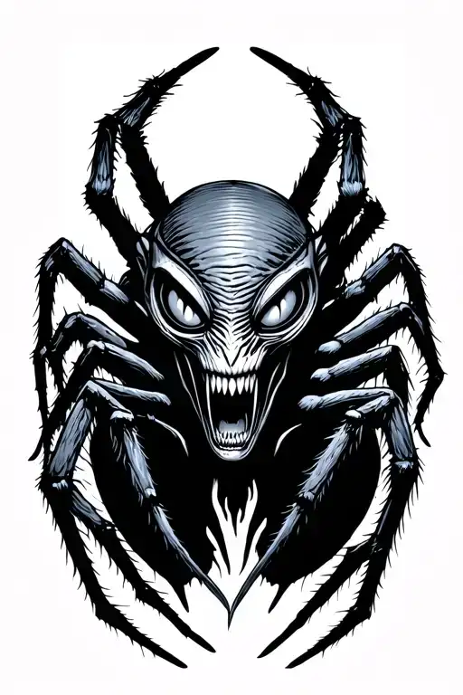 scary spider with a scary alien face in the body tattoo design idea
