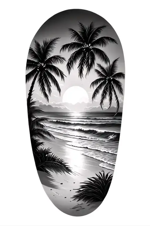 Beach scene with palm trees covering the godsmack sun tattoo design idea
