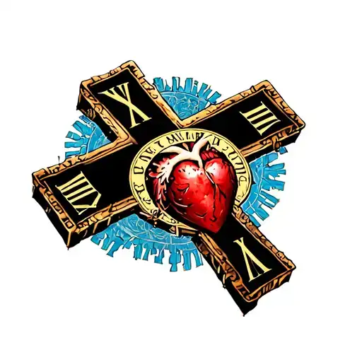 cross with Roman numerals circling it and the Sacred Heart in the middle  tattoo design idea