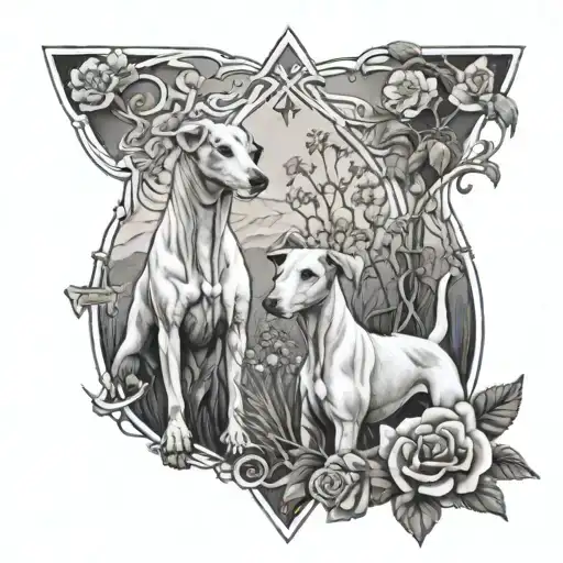 2 English whippets, one blonde and one black surrounded by nature (flowers/waves etc.) and a Christian cross somewhere tattoo design idea