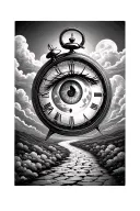 forearm sleeve,clock with an eye inside, pathway leading to the moon with clouds as filler  tattoo design idea