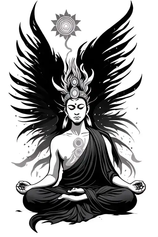 shoalin warrior meditating monk aligned with chakras tattoo design idea