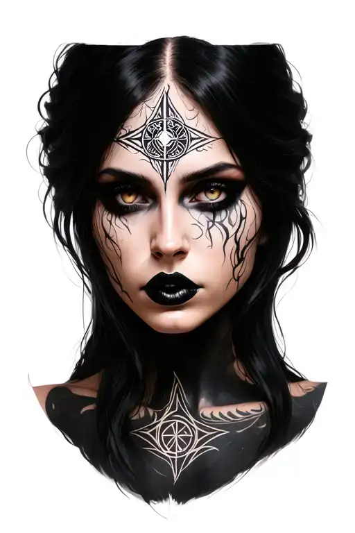Realistic gothic female portrait, dark hair, intense stare, black lips, facial runes and sigils, forehead occult symbol, tattoo design idea