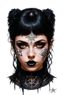 Realistic gothic female portrait, dark hair, intense stare, black lips, facial runes and sigils, forehead occult symbol, tattoo design idea