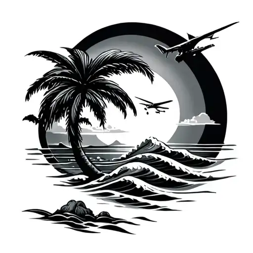 palm tree, wave and plane  tattoo design idea