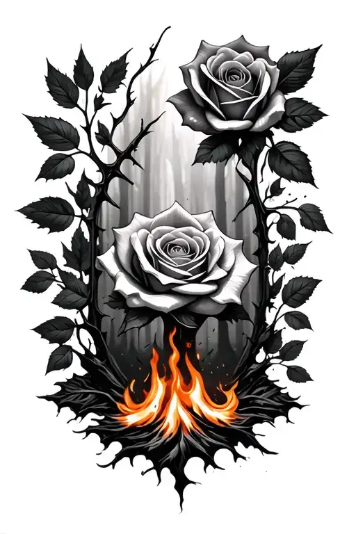 forest, thorns, leaves, roses, fire, coals. Abstract scenic tattoo design idea