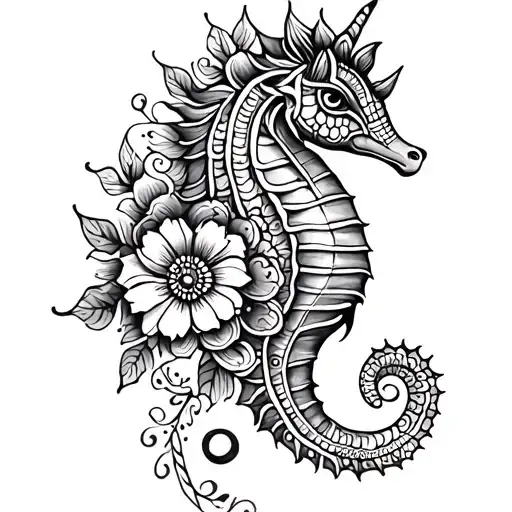 henna flowers sea horse tattoo design idea