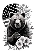 Grizzly Bear, American Flag, birth flowers tattoo design idea
