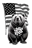 Grizzly Bear, American Flag, birth flowers tattoo design idea