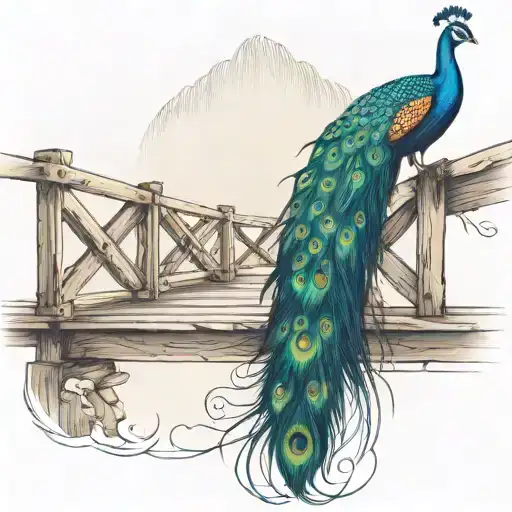 wooden bridge with peacock feather intertwined tattoo design idea