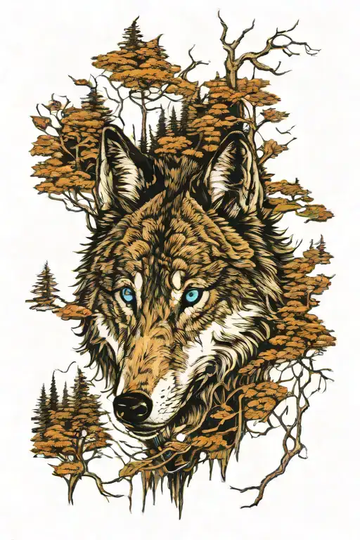 wolf blue eyes forest tattoo design idea