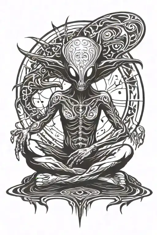alien meditating on a lake of stars tattoo design idea