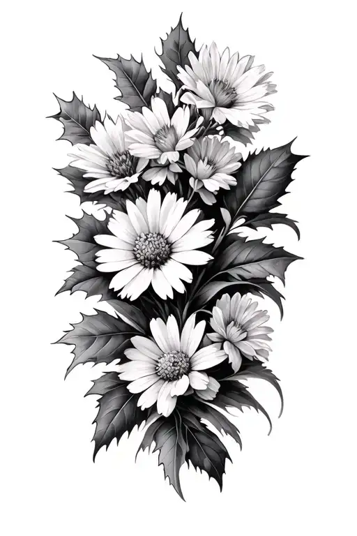 larkspur, aster, cosmos, holly tattoo design idea