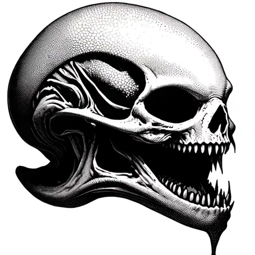 Alien Romulis elongated skull with an open mouth with large fangs in saliva tattoo design idea