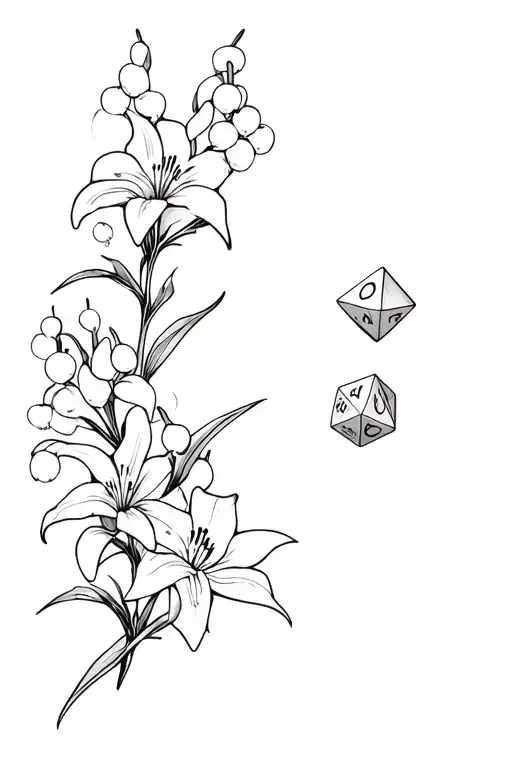 Dungeons and Dragons black and white tattoo featuring lilies of the valley and dungeons and dragons D20 dice tattoo design idea