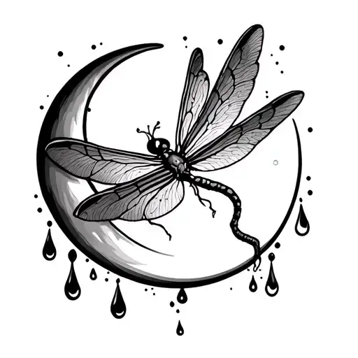 A tattoo with a dragonfly and a crescent moon, with tear drops surrounding it  tattoo design idea