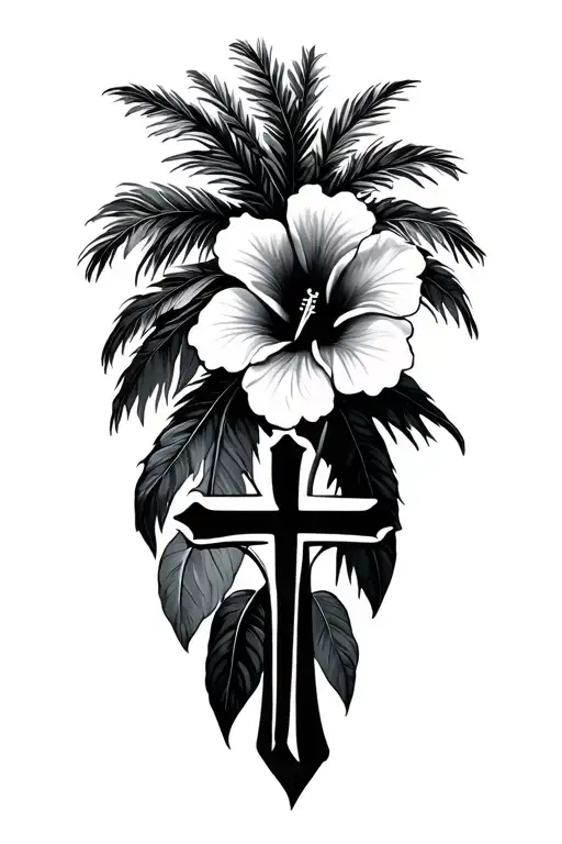 palm tree + black hibiscus + cross tattoo design idea
