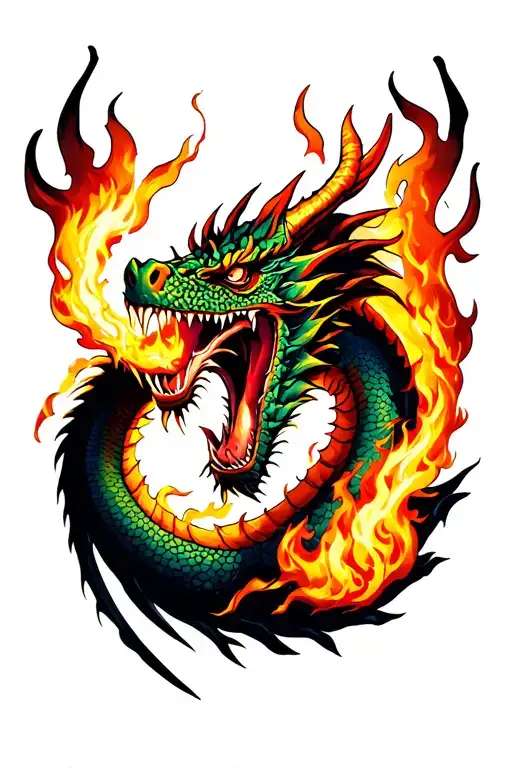 dragon breathing fire fighting a samurai tattoo design idea