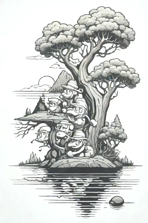 Whittle, 90's cartoon characters, lake, trees, Irish. tattoo design idea
