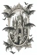 gothic frame, castle inside, bats flying tattoo design idea