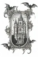 gothic frame, castle inside, bats flying tattoo design idea