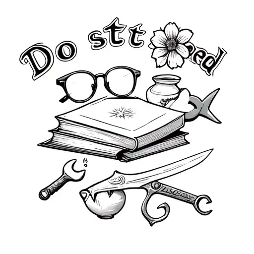 these items surrounds the words do it scared, a book, a red hoodie, a shark, a flower, glasses, wrench, sword, pottery tattoo design idea