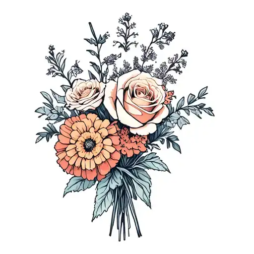 small bouquet with roses, larkspurs, and marigolds tattoo design idea