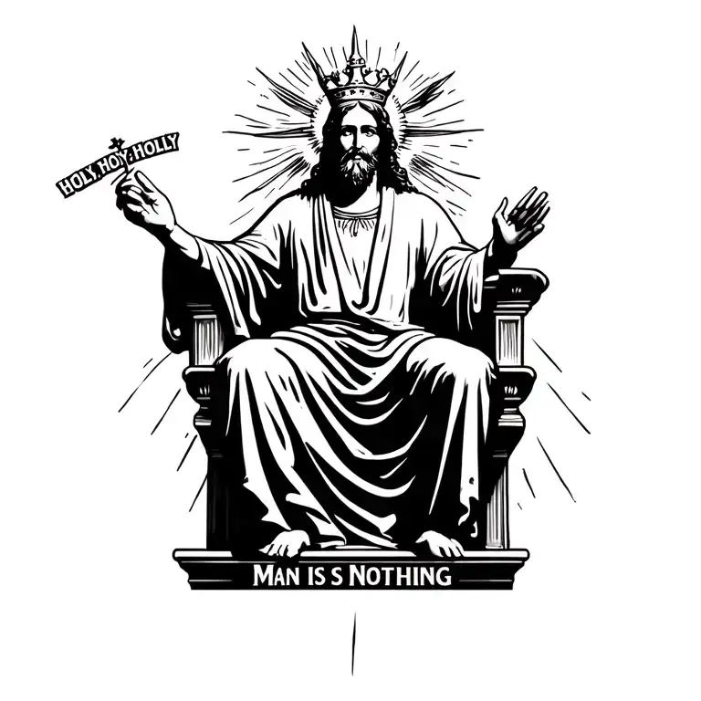 "Holy, Holy, Holy" "Man is Nothing" Christ sitting on his throne in heaven and dressed like a king. he is shining brighter than the sun. with his eyes of fi tattoo design idea