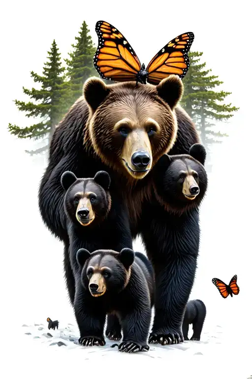 Papa bear and 3 black bear cubs and 2 monarch butterfly walking in the wilderness trees tattoo design idea