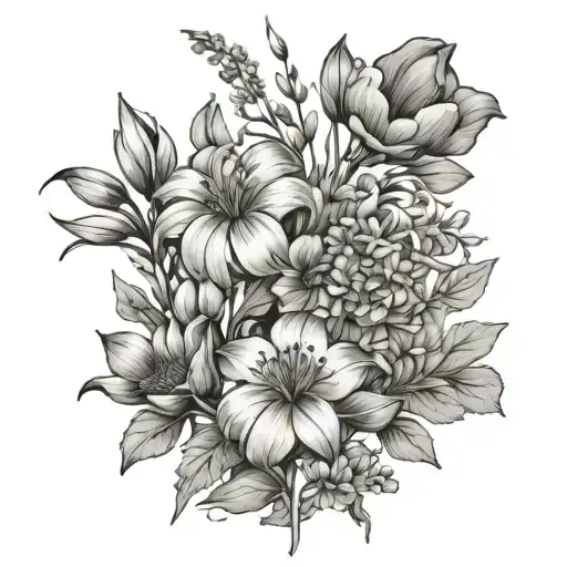 birth month flowers June, July, February, January and august with stems tattoo design idea