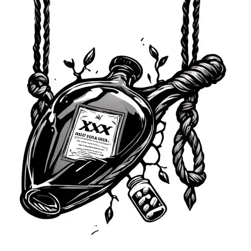 poison tree with old fashioned "xxx" liquor bottle hanging with a noose and a bottle of pills in the middle of the Borou tattoo design idea