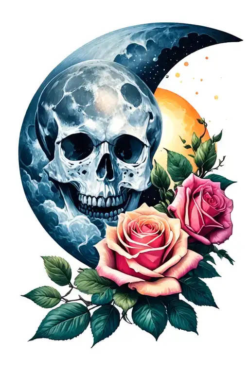 sun and moon as rose and skull tattoo design idea