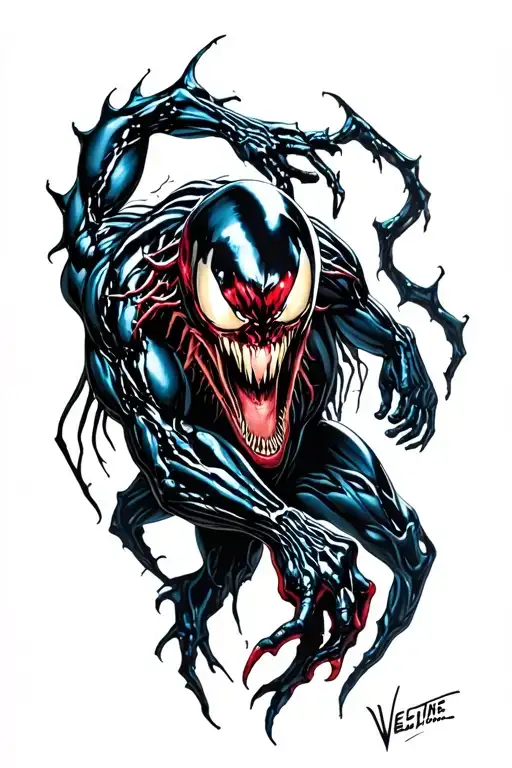 A full sleeve tattoo of the symbiote from the movie Venom, with elements of realism and stoicism, while maintaining the  tattoo design idea