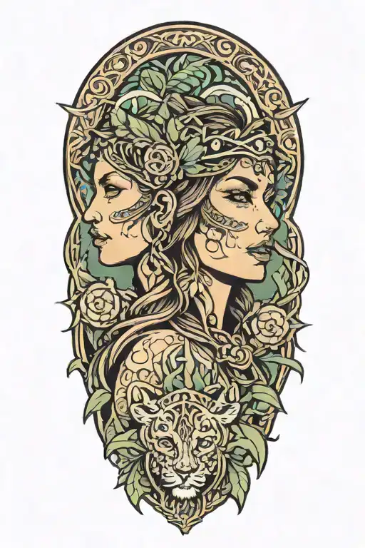 A tattoo of female Druid incorporated into the design incorporating elements of hawaii tattoo design idea