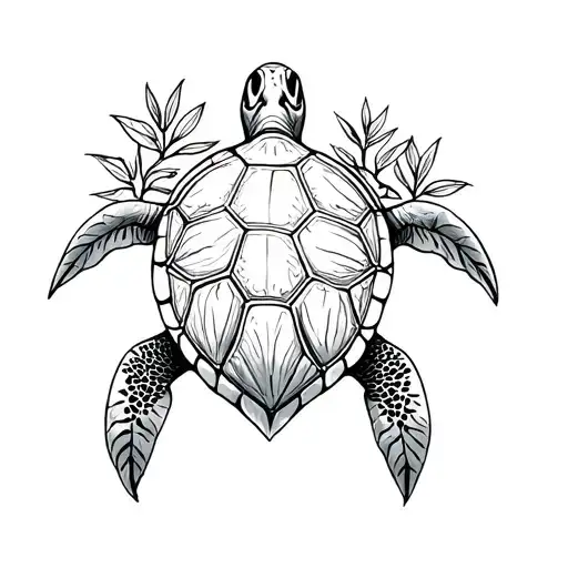 Oregano sea turtle with leaves tattoo design idea