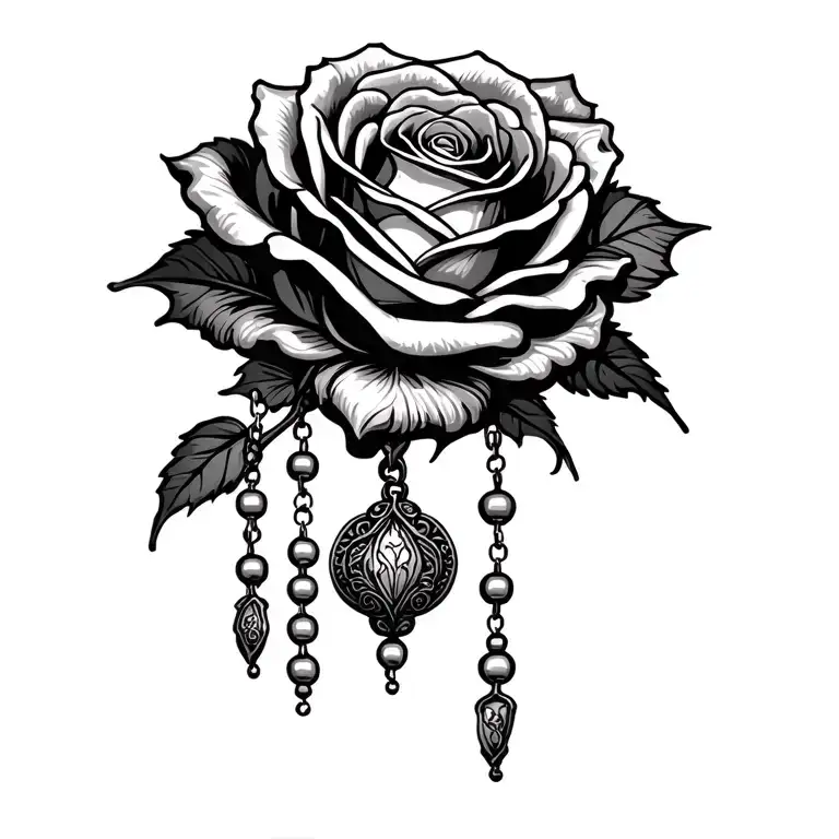 rose hanging over rosary beads intertwined tattoo design idea