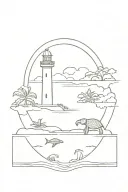 Galle fort lighthouse, sea turtle, elephant along with Sri Lanka's nine arch bridge line tattoo for neck tattoo design idea