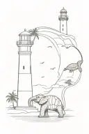 Galle fort lighthouse, sea turtle, elephant along with Sri Lanka's nine arch bridge line tattoo for neck tattoo design idea