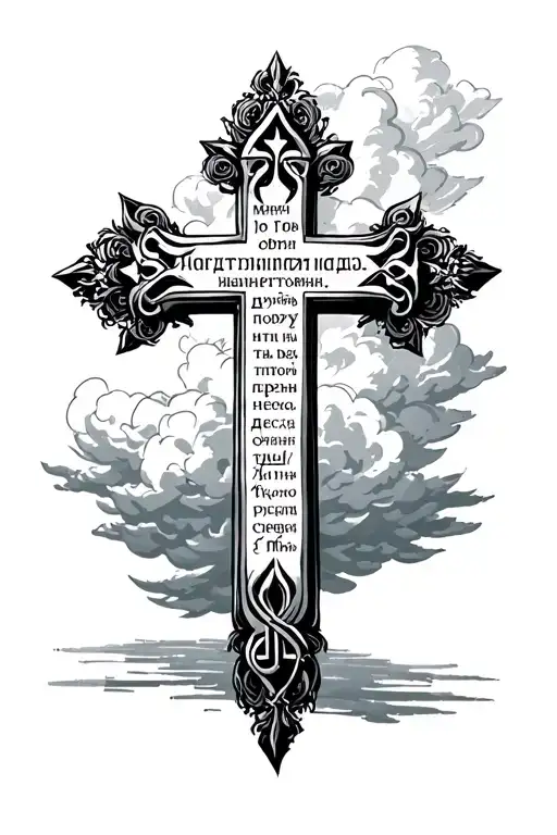 Russian orthodox cross clouds bible verse written tattoo design idea
