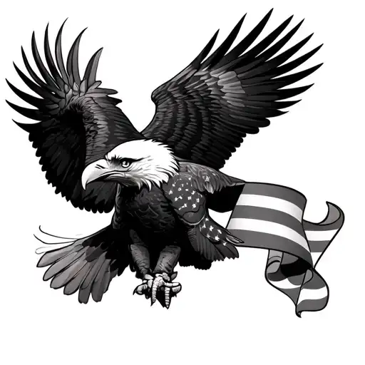 Realistic, animal, upper arm, large, memorial Bald eagle with a banner in its talons, with an American flag in the backg tattoo design idea