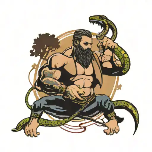 An engineer lifting weights with a snake wrapped around their arm, with oak trees and lakes in the background tattoo design idea