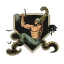 An engineer lifting weights with a snake wrapped around their arm, with oak trees and lakes in the background tattoo design idea