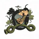 An engineer lifting weights with a snake wrapped around their arm, with oak trees and lakes in the background tattoo design idea