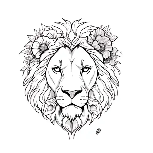 lion head surrounded by flowers tattoo design idea