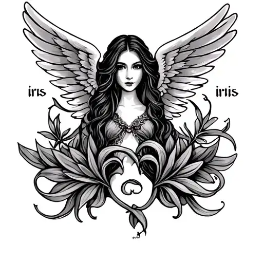 the name iris on top and victoria  at the bottom  with wings tattoo design idea