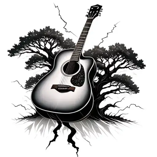 acoustic guitar with oak trees surrounding it blended. lightning coming from the bottom tattoo design idea