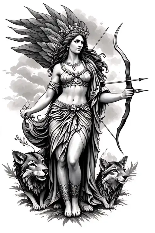 Greek goddess with bow and arrow along with protective animals tattoo design idea